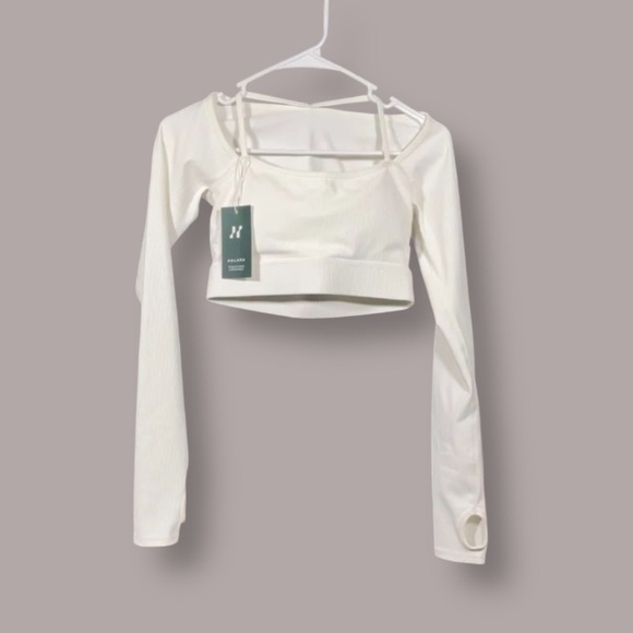 HALARA White Ribbed Long Sleeve Crop Top - Picture 1 of 3